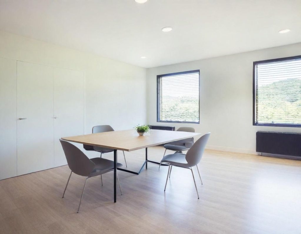 Oficina Sala de reuniones con mesa, sillas y grandes ventanas que ofrecen vista al exterior.
