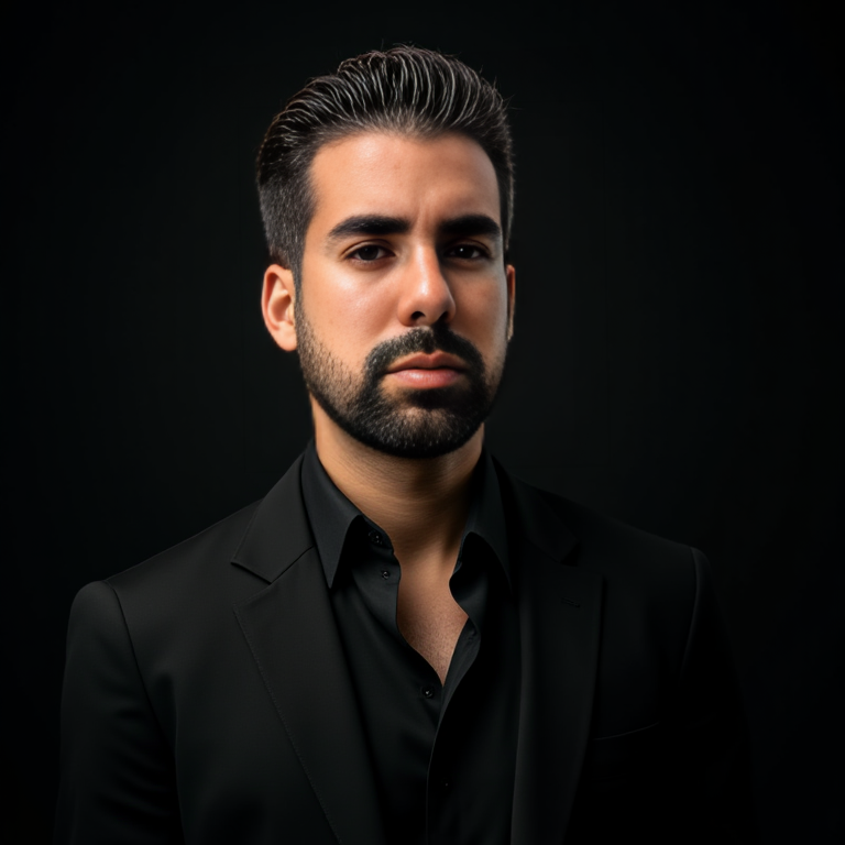 Dairon González Sánchez Hombre serio con cabello corto, vestido de negro y fondo oscuro.